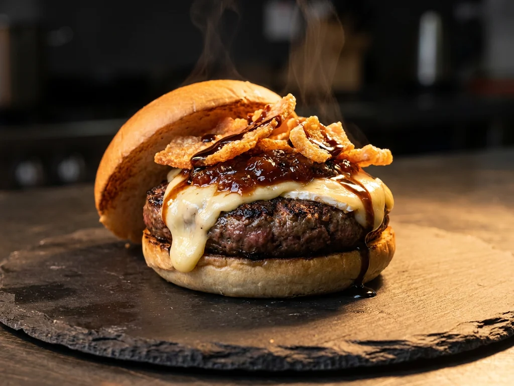King Goat Burger: doble carne, queso de cabra, cebolla caramelizada y salsa de arándanos o…