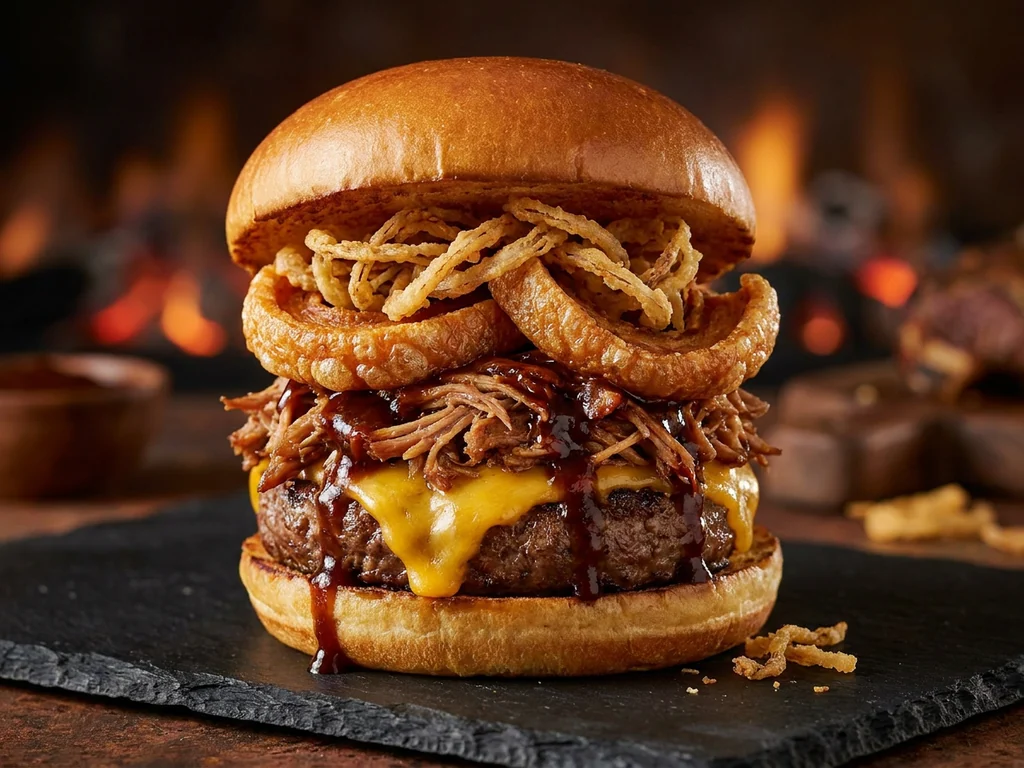 King Ranxera Burger: doble carne, doble cheddar, bacon, pepinillo, salsa baconesa y barbacoa